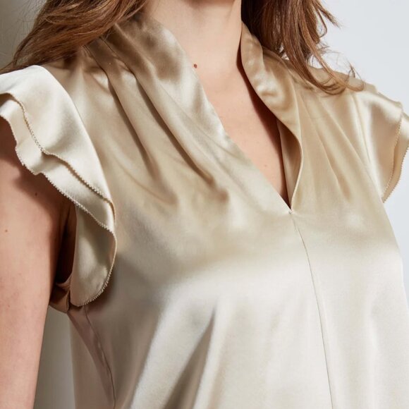 NWT Elie Tahari Gold Champagne Silk Satin Flutter Sleeve Shirt - Picture 4 of 8